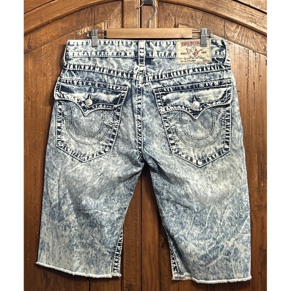Mens True Religion Acid Wash Distressed Straight Cut Off Jean Shorts Jorts Sz 34